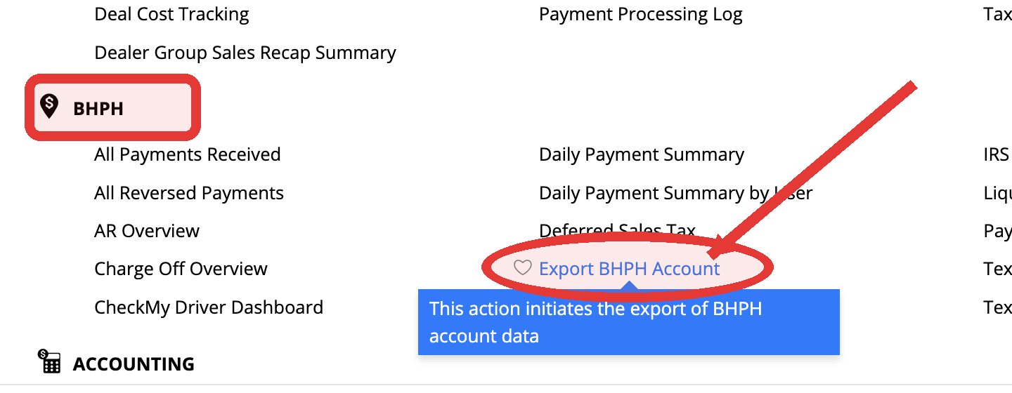DealerCenter Management reports screen with the BHPH section and Export BHPH Account report highlighted