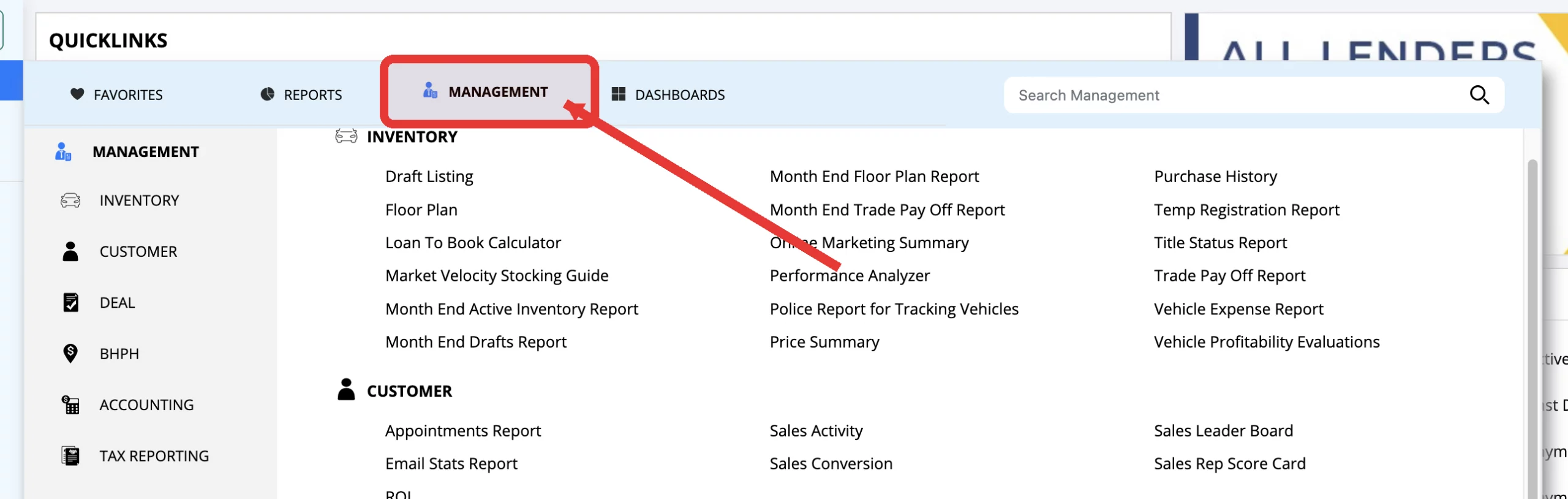 DealerCenter Quicklinks window with the Management tab highlighted between Reports and Dashboards