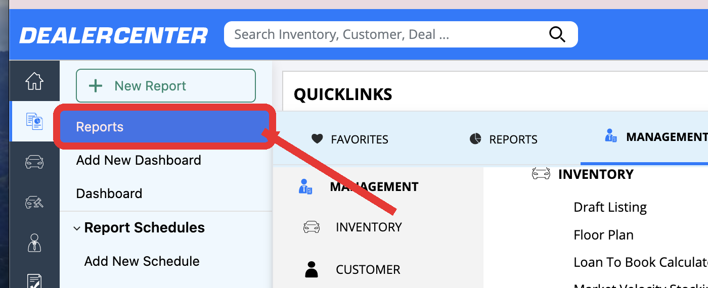 DealerCenter home screen with Reports highlighted in the navigation menu below the Home icon